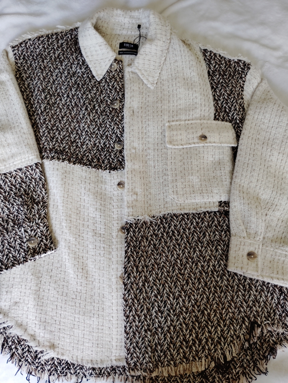 Five CM Cream & Brown Tweed Patchwork Shacket, Button Down, Medium